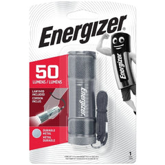 Energizer Metal 2AA Torch 50 Lumen flashlight in black and silver packaging with clear window and multiple labels.