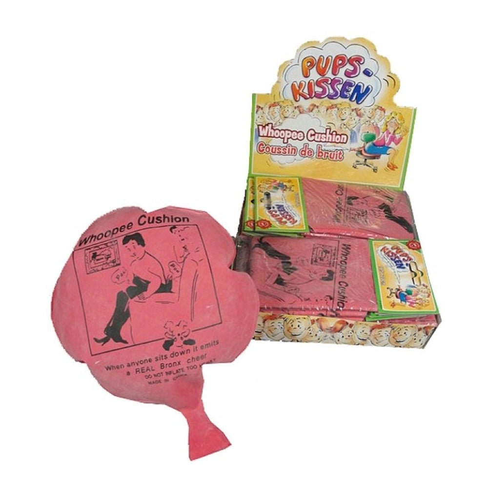 pink Petophone Noisy Pillow in glossy yellow packaging with a transparent window and colorful cartoon illustrations.