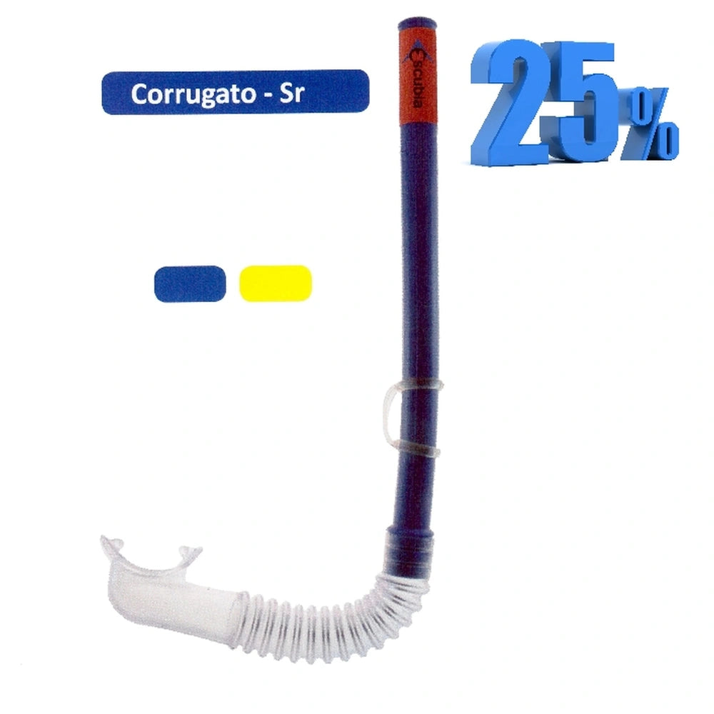 Escubia Corrugato allergy-free PVC diving snorkel with a white tube, blue and red cap, and blue label displaying "Corrugato -