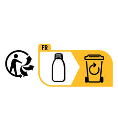 Profi-Aqua-Liquid-Sky-Blue makeup bottle in glossy white beside a matte black trash can with recycling symbol and "FR" text.