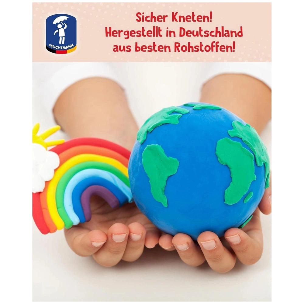 Feuchtmann Basic Modelling Dough pack with colorful rainbow, globe held by hands, and German text about safety and quality.