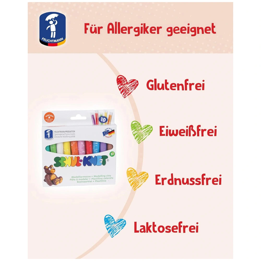 Feuchtmann Basic Modelling Dough pack with colorful crayons in a white box, featuring allergy-friendly labels and a clear win
