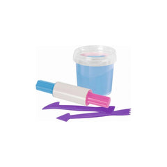 Feuchtmann Infant Art Impression Basic Pack includes purple fork and knife, pink spoon, and blue cup in a clear plastic conta