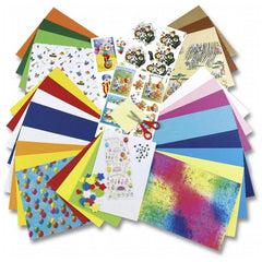 Folia Creative Bricolage Set features 84 colorful pieces including scissors, patterned paper, stickers, and colored scraps in