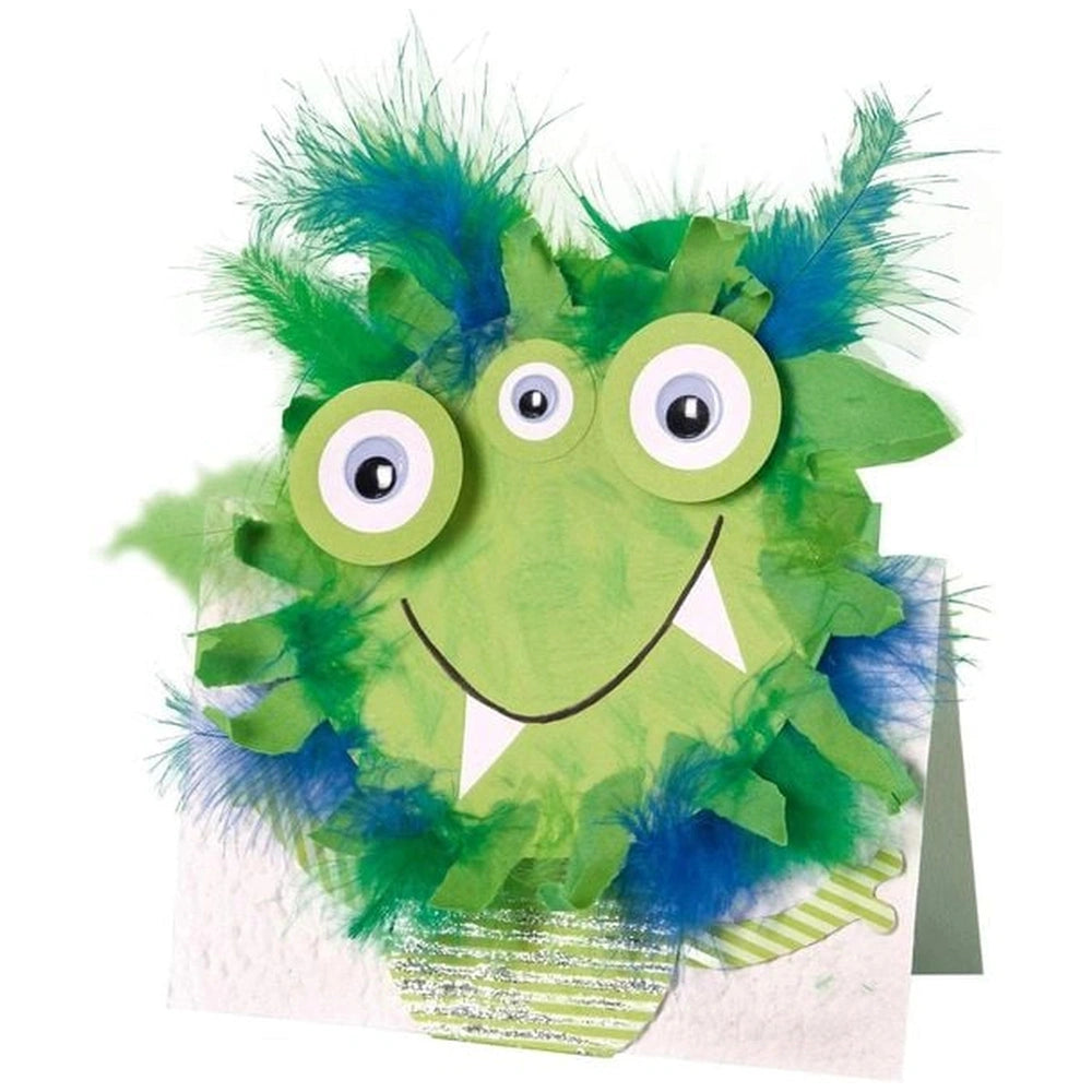 Folia Deko Mix Bastelset features textured paper, glittery green and blue feathers, and striped cardstock in a colorful layou