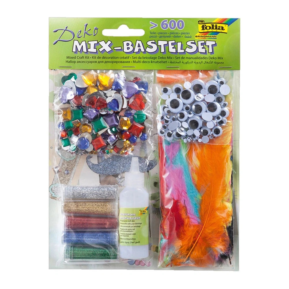 Folia Deko Mix Bastelset 600 pieces, featuring colorful decoration pieces, glue bottle, and manual in green packaging.