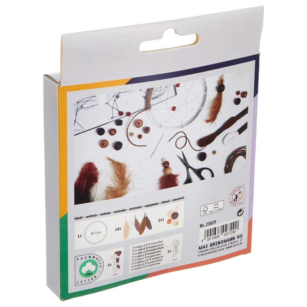 Folia Dreamcatcher Set Ethno features a colorful cardboard package filled with arts and crafts tools like scissors, thread, a