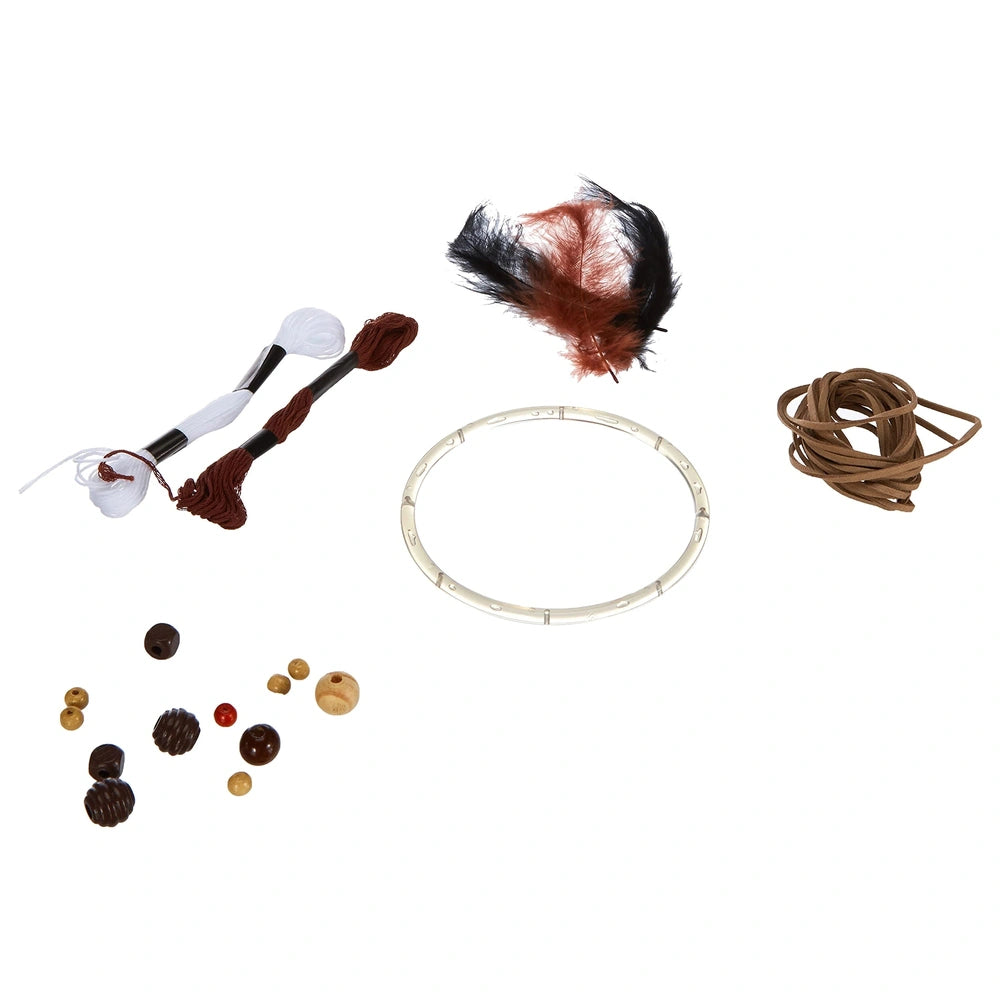 Folia Dreamcatcher Set features a red and black feather, brown string, silver ring, and brown and red beads with chocolate.