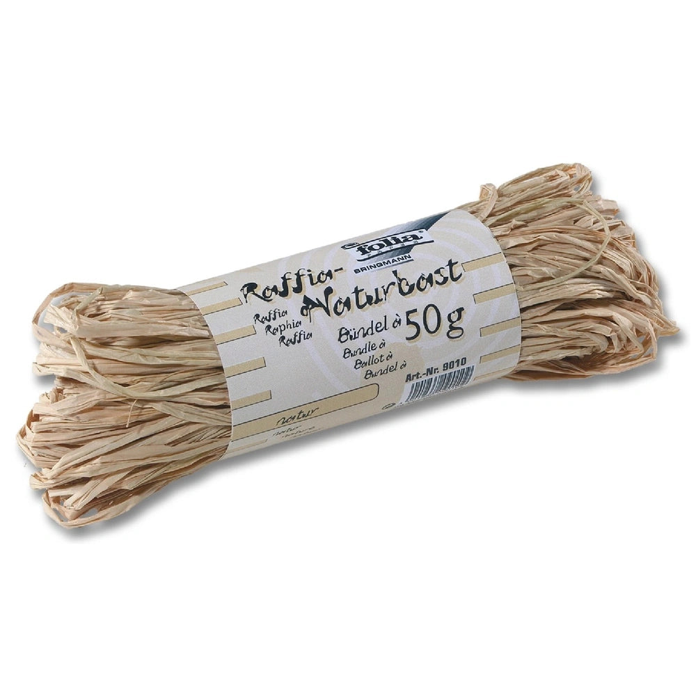 Folia Hobby Set Natural Raffia 50g in white packaging with glossy black text and a clear plastic window displaying natural fi