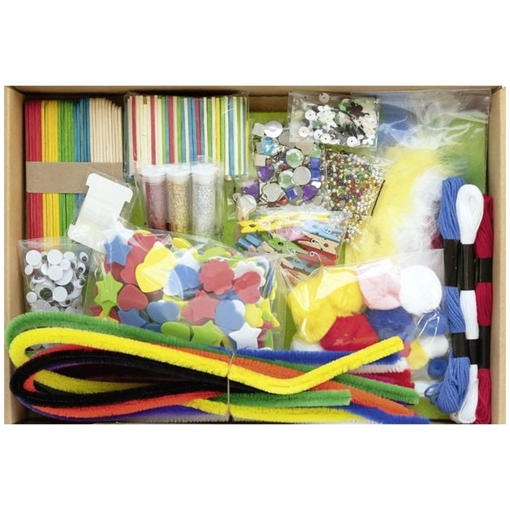 Folia Kreativ Box contains 1300 arts and crafts pieces including colorful stars, fabric, glitter, yarn, and pom poms.