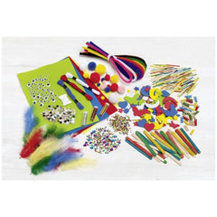 Folia Kreativ Box contains 1300 colorful crafting items, including beads, pipe cleaners, pom poms, and various shaped cutouts