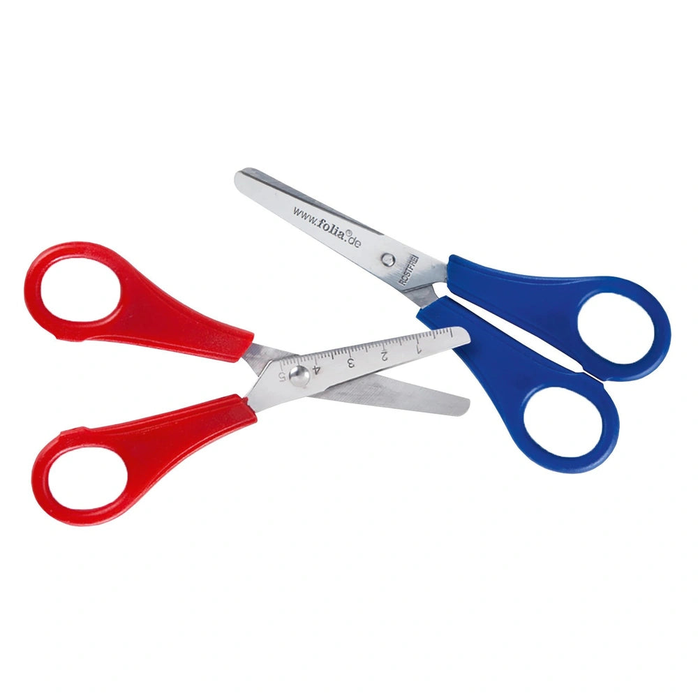 Folia long metal graduated scissors for kids with red and blue handles and silver blades, designed for arts and crafts.