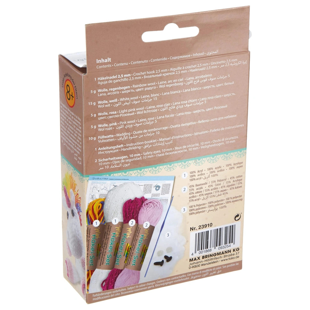 Folia Mini Crochet Kit Unicorn features colorful crochet hooks and knitting needles in a matte cardboard packaging with Arabi