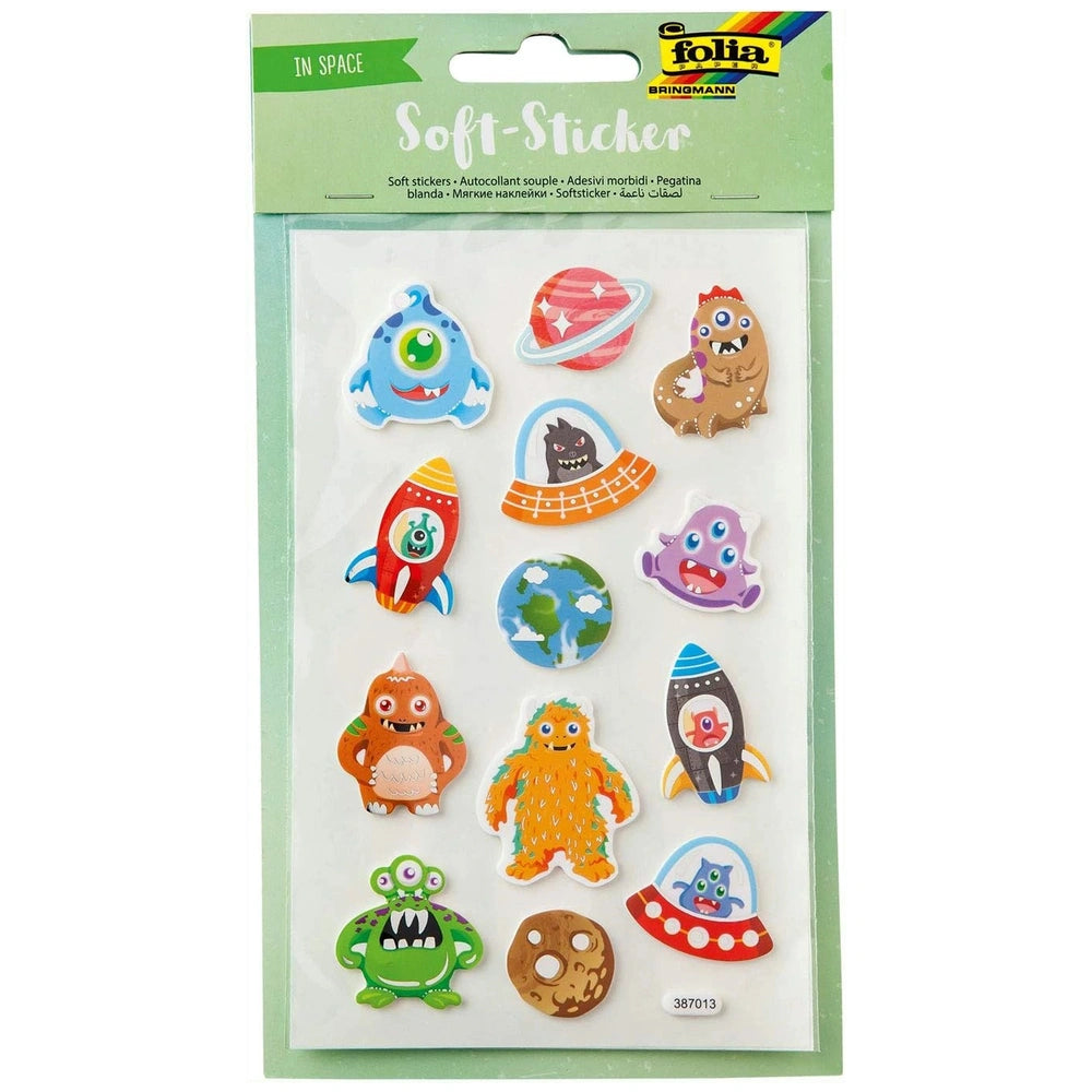 Folia Univers 25 3D Soft Stickers Pack with colorful alien and monster designs on glossy green cardboard packaging.