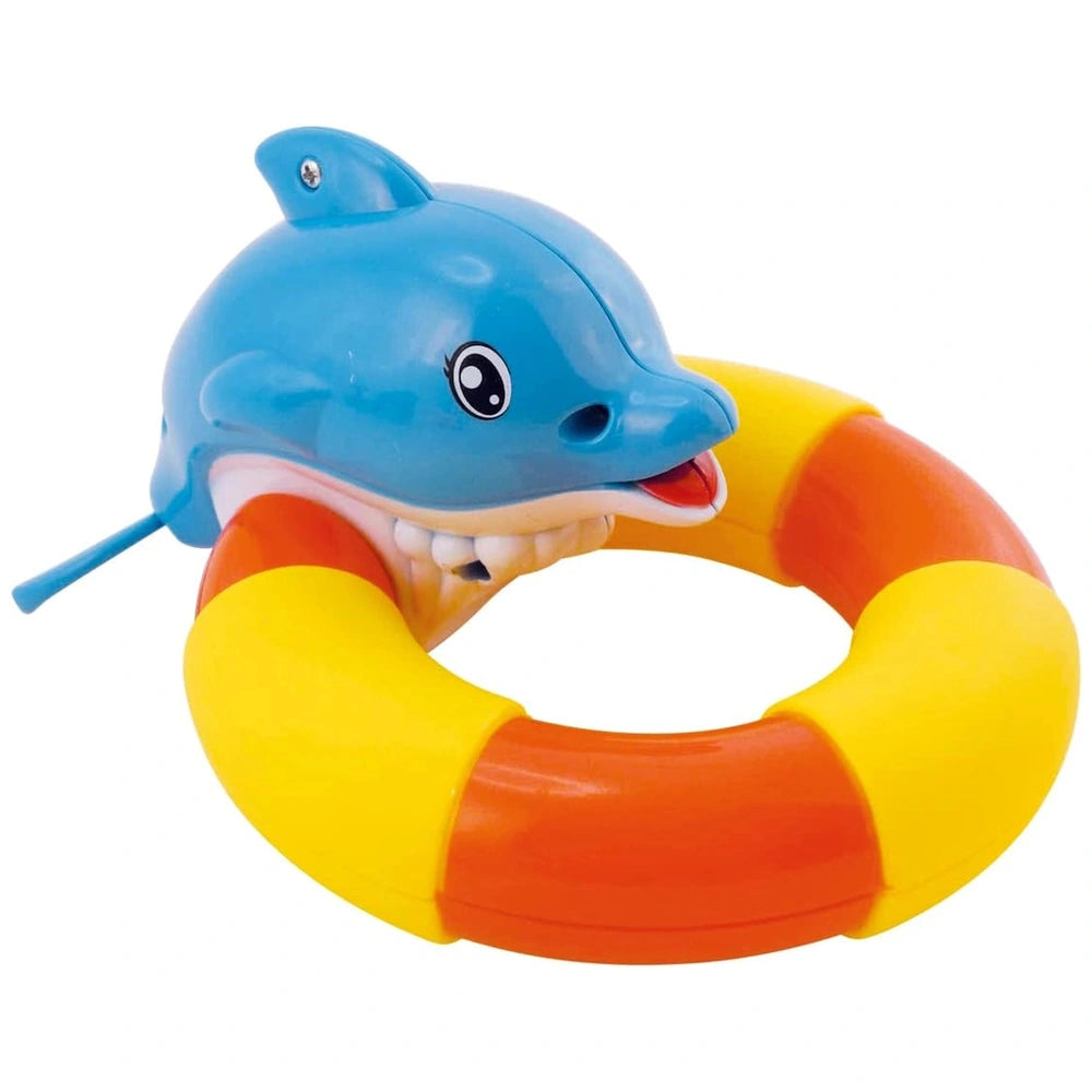Blue plastic rotating dolphin toy with yellow and red ring, featuring a fin, teeth, tongue, and eyes.