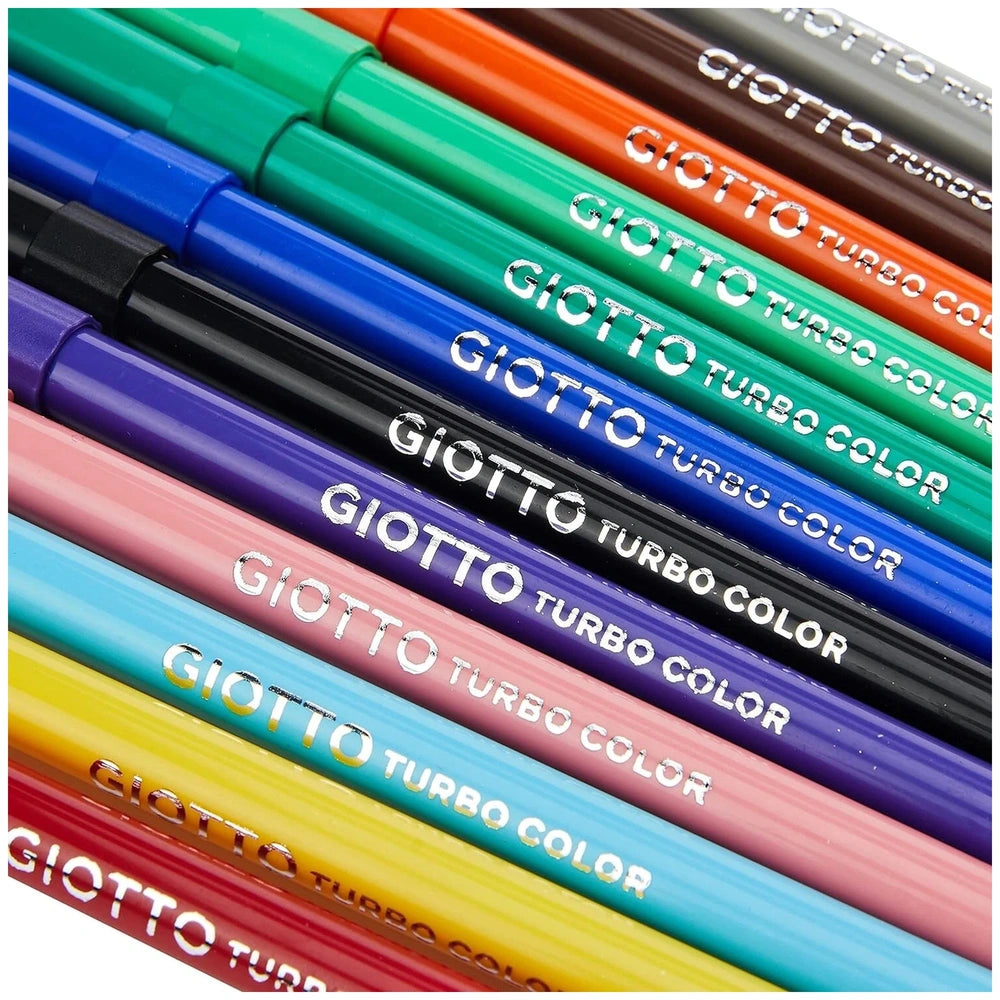 Giotto Turbo Colour Set of 12 markers in shiny metallic finish, featuring visible ink cartridges in vibrant colors and caps.