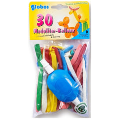 Globo 30 modeling balloons in various colors with pump and instructions, packaged in plastic with printed latex quality label