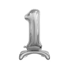 Silver standing foil balloon digit 1, 40 cm, perfect for party supplies, centered in the image.