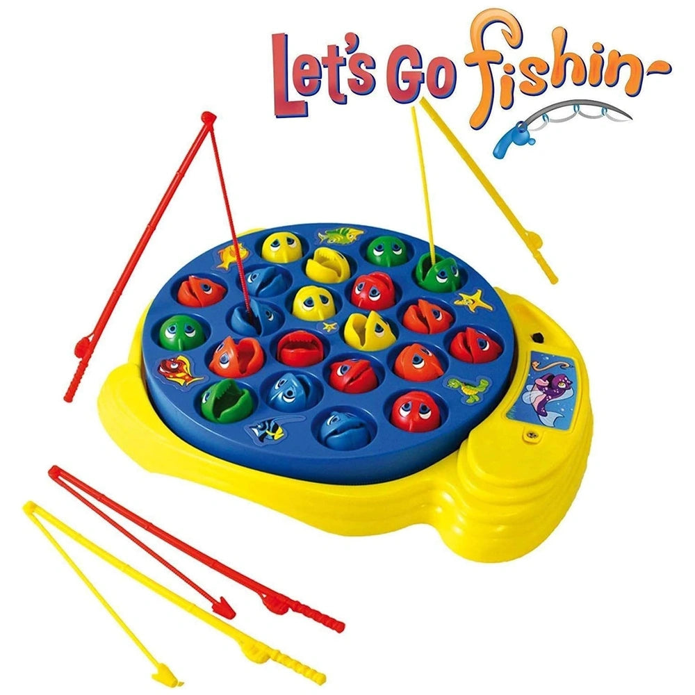 Goliath Let's Go Fishing game features a blue center, yellow base, colorful fish, and a multi-colored fishing rod.