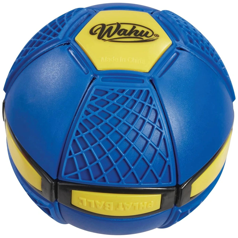 Goliath Wahu Phlat Ball Junior 10 cm in blue with yellow center, textured synthetic surface, featuring "WAHU" brand logo.