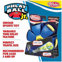 Goliath Wahu Phlat Ball Junior 10 cm sports toy in a glossy blue and yellow cardboard box with a plastic window.