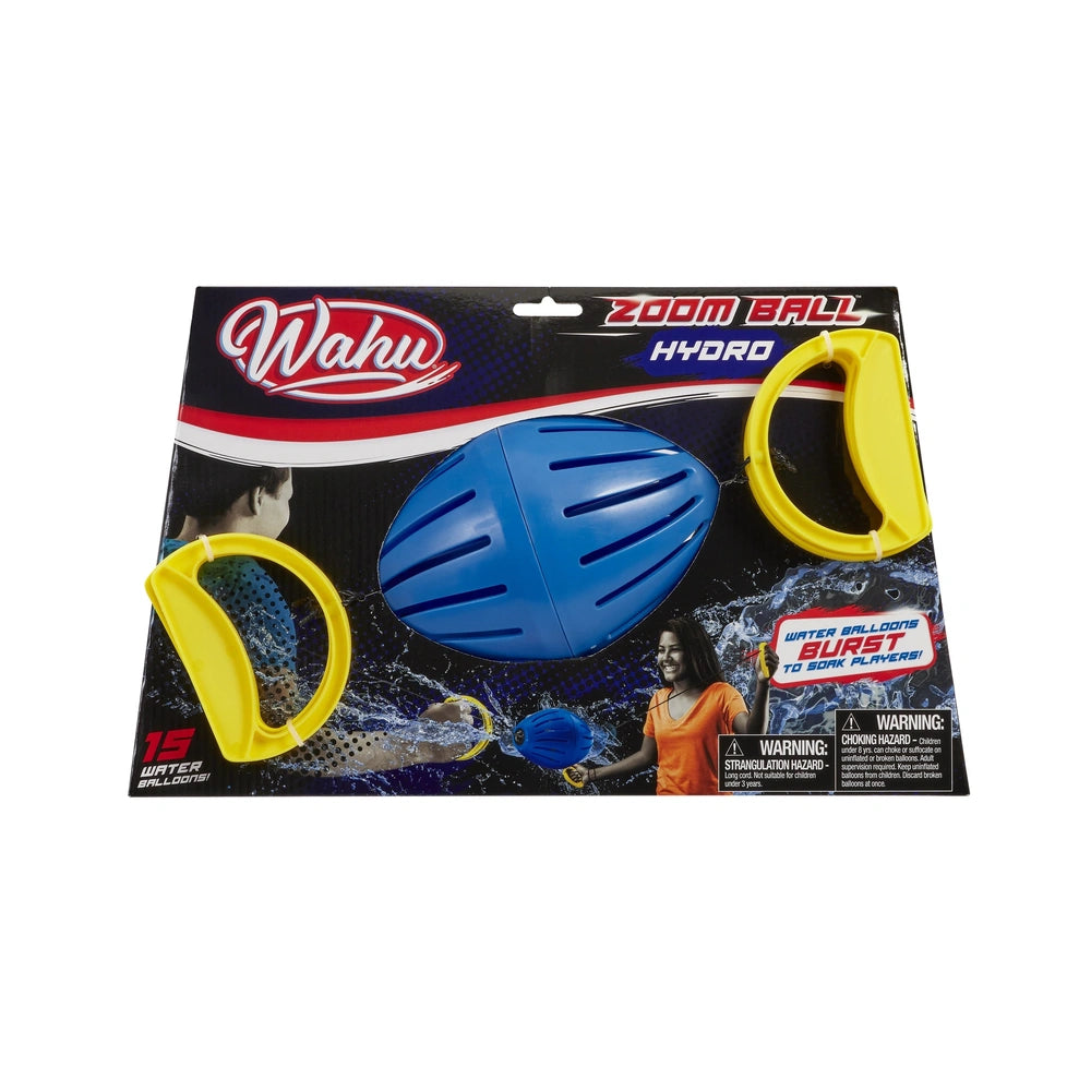 Goliath Wahu Zoom Ball Hydro toy packaging features a blue ball with yellow handles, glossy finish, and safety warnings.