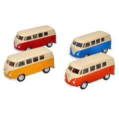 Die-cast Volkswagen Classic Om 1962 buses in orange, red, blue, and beige with glossy finish, displayed side by side.