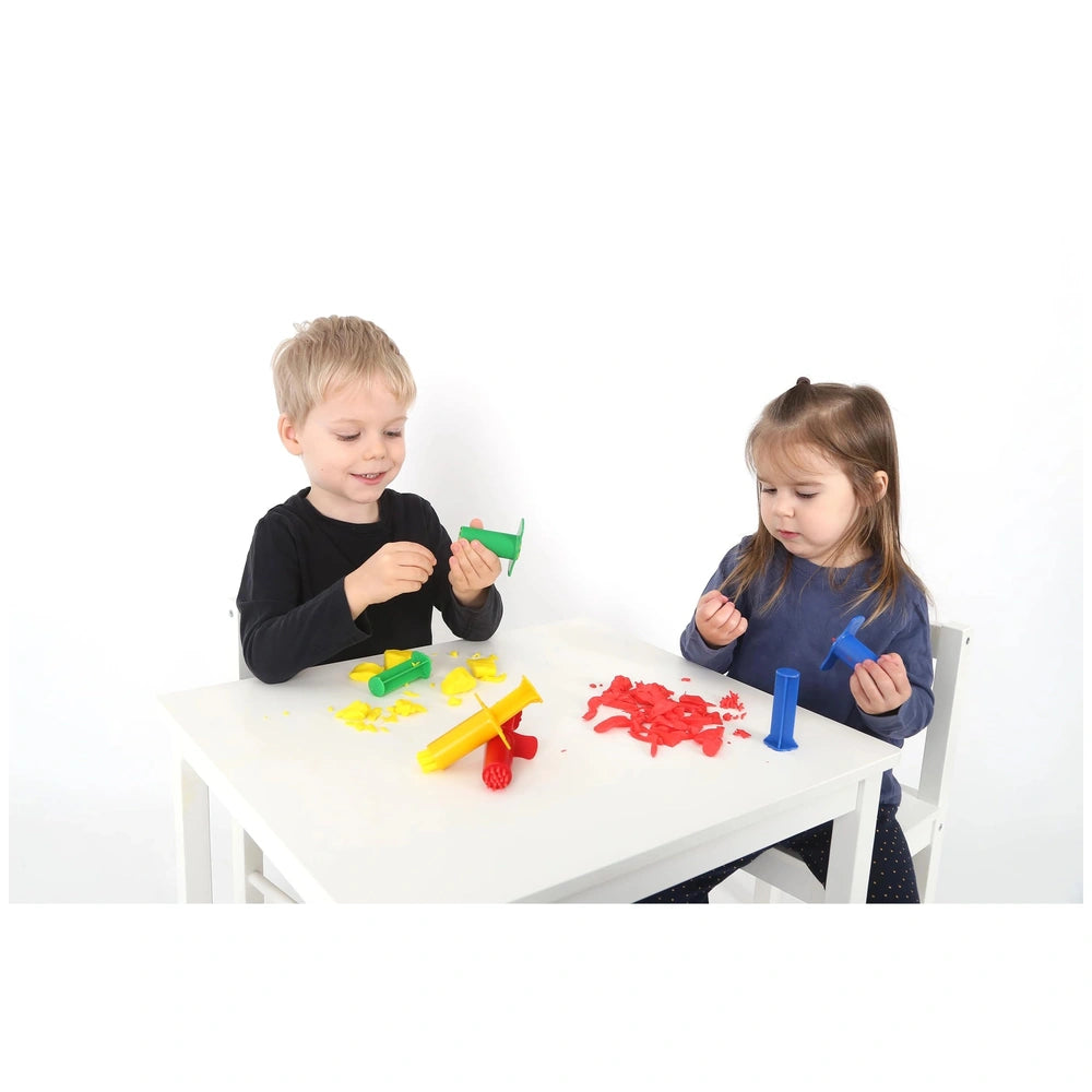 Gowi 4-piece kneading syringes with children playing at a white table, using colorful red and yellow plastic toys.