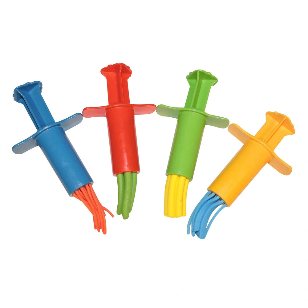 Gowi 4-piece kneading syringes in bright plastic colors red, blue, green, yellow, orange, and pink with handles and spouts.