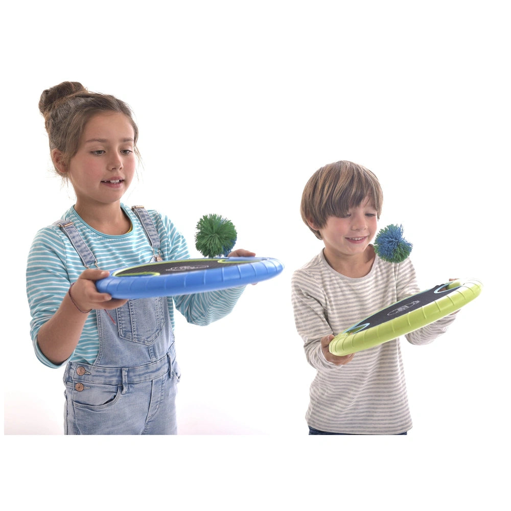 Gowi Active Hand Trampoline Game features two children in denim overalls holding blue and green plastic frisbees against a li