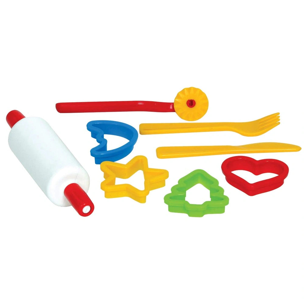 Gowi Baking Set Salzburg 8 pieces in colorful plastic, ideal for pretend play and role-playing activities.