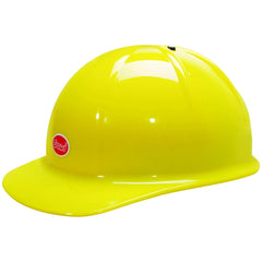 Gowi children's construction helmet in glossy yellow plastic with a visor and red "Cooli" logo, ideal for role playing.