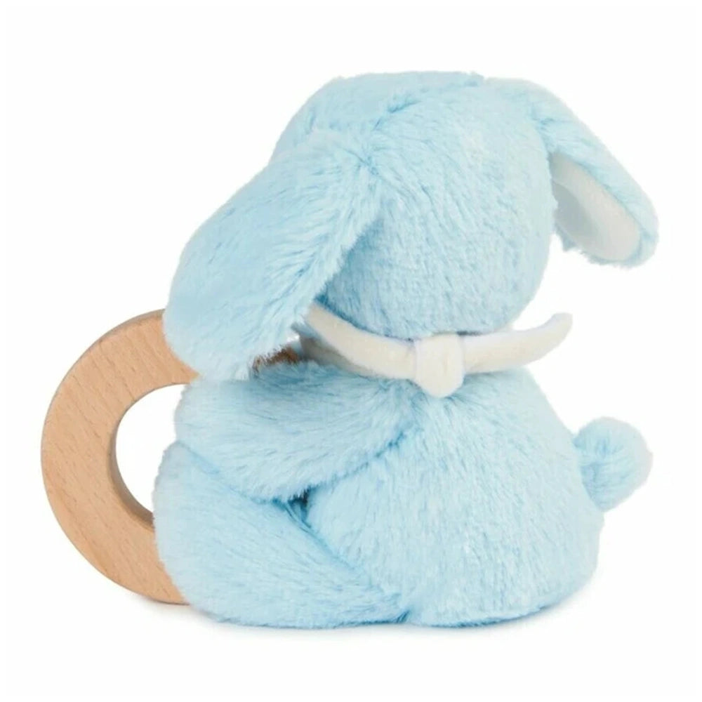 Blue bunny soft animal ring rattle with floppy ears, a white collar, and a cuddly plush texture, sitting upright.