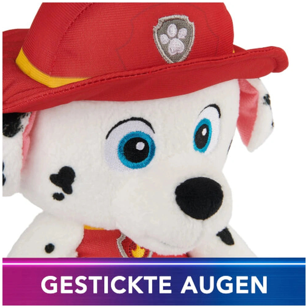GUND Take Along Marshall plush toy features a white face with black spots, large blue eyes, and a red hat with a gray badge.