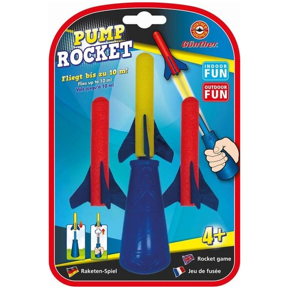 Gunther Flugspiele Pump Rocket Foam Toy 3-piece set packaging features glossy blue background with colorful printed text and 