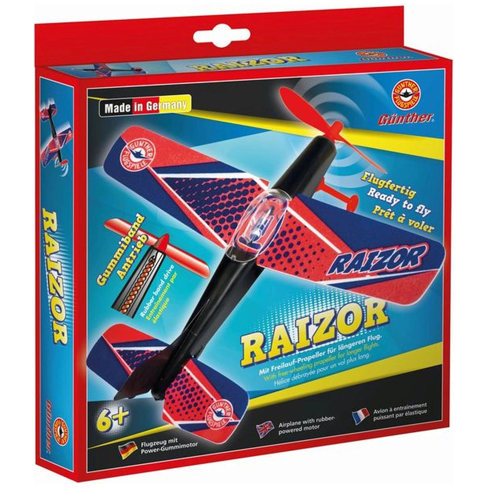 Gunther Flugspiele Raizor Flying Propeller in red cardboard packaging with a plastic window and handle for outdoor play.