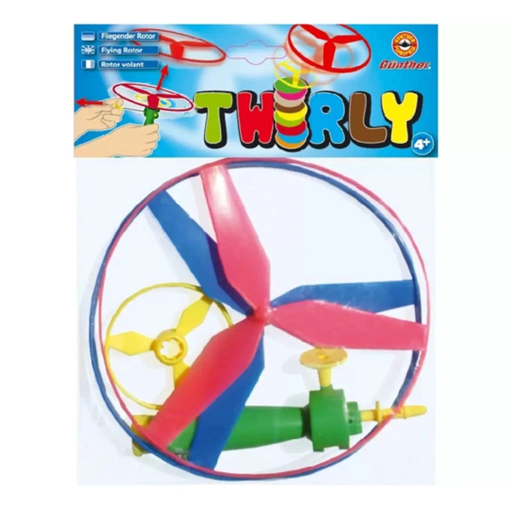 Gunther Flugspiele Twirly Flying Propeller Toy in red, yellow, and green, with a glossy blue packaging and directional arrows