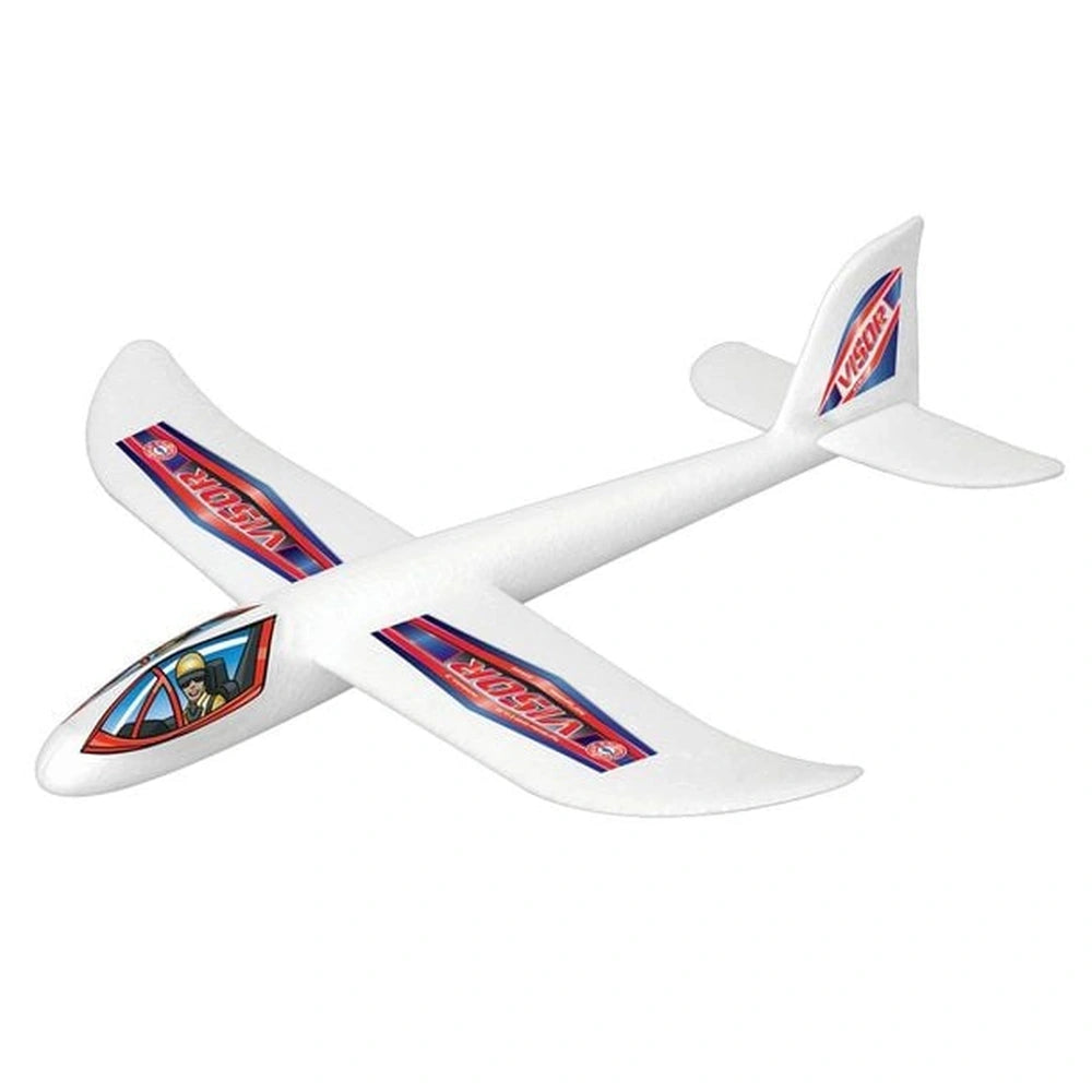 Gunther Flugspiele Visor Throw Glider features a white body with red and blue stripes, glossy plastic, and visible wings and 