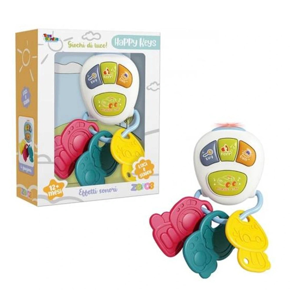 Happy Keys is a colorful electronic car key toy teether set designed for babies, featuring a friendly face and playful packag