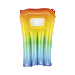 Happy People air mattress float features an orange, yellow, and green PVC design with a central transparent window and handle