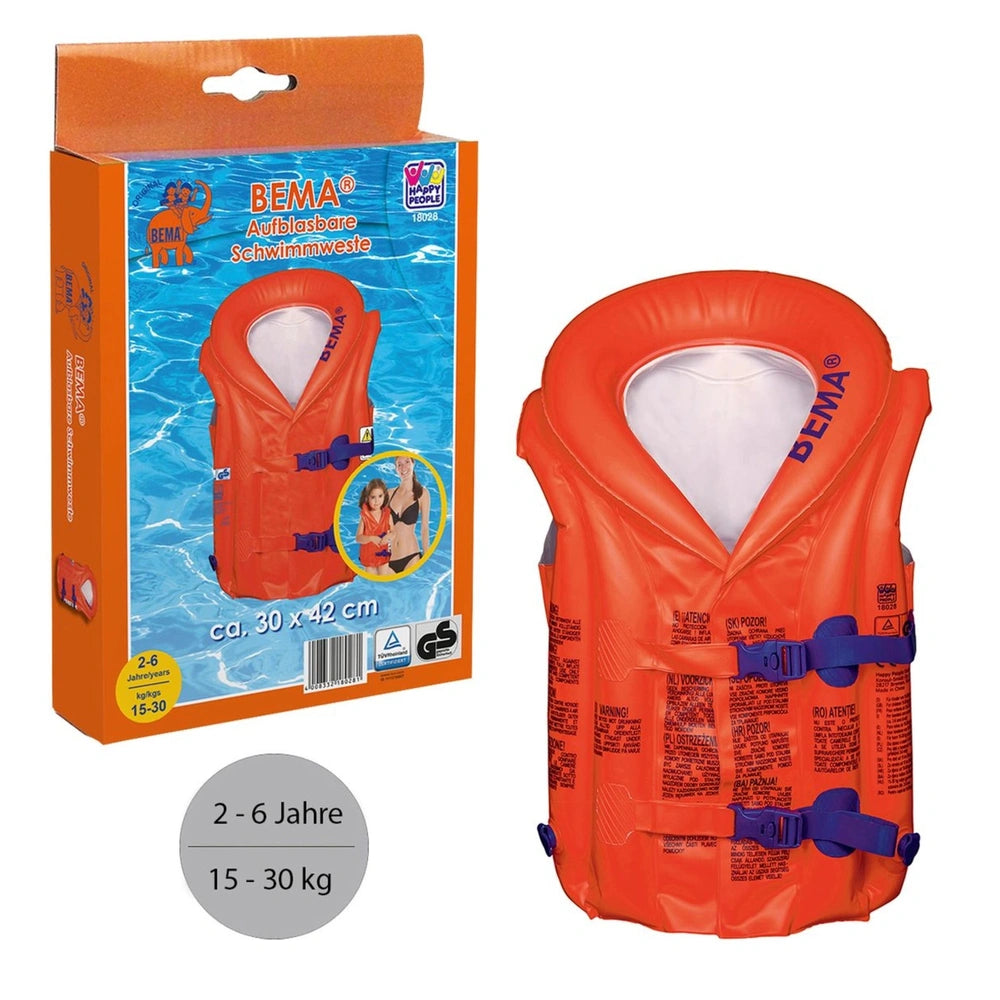 Bema inflatable life jacket for ages 2-6 years, featuring orange vest, blue straps, and white lining in retail packaging.
