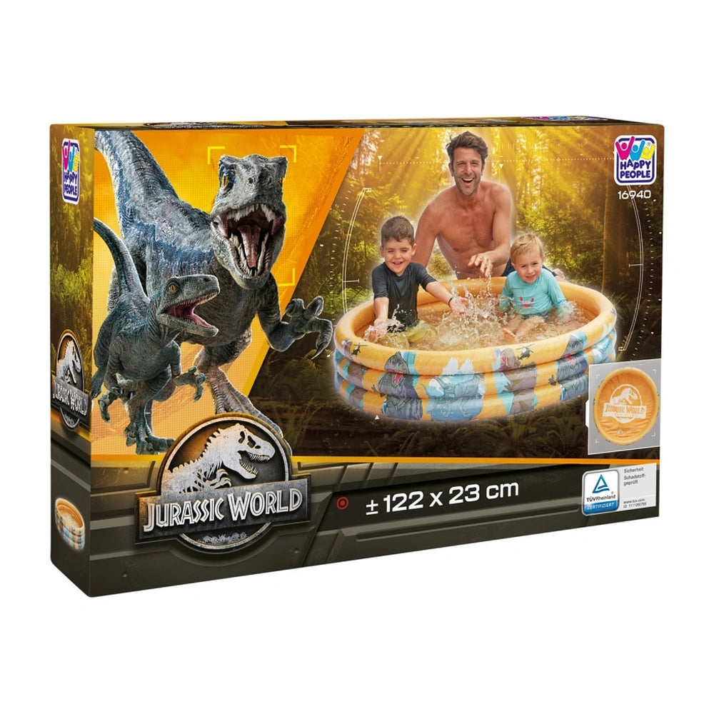 Jurassic World inflatable pool packaging features a family of three, vibrant dinosaur graphics, and dimensions 122 x 23 cm.