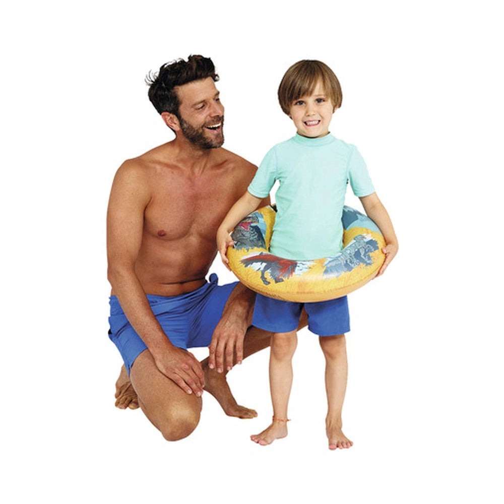 Happy People Jurassic World swimming ring worn by a man and child in blue swim trunks, enjoying a sunny day.