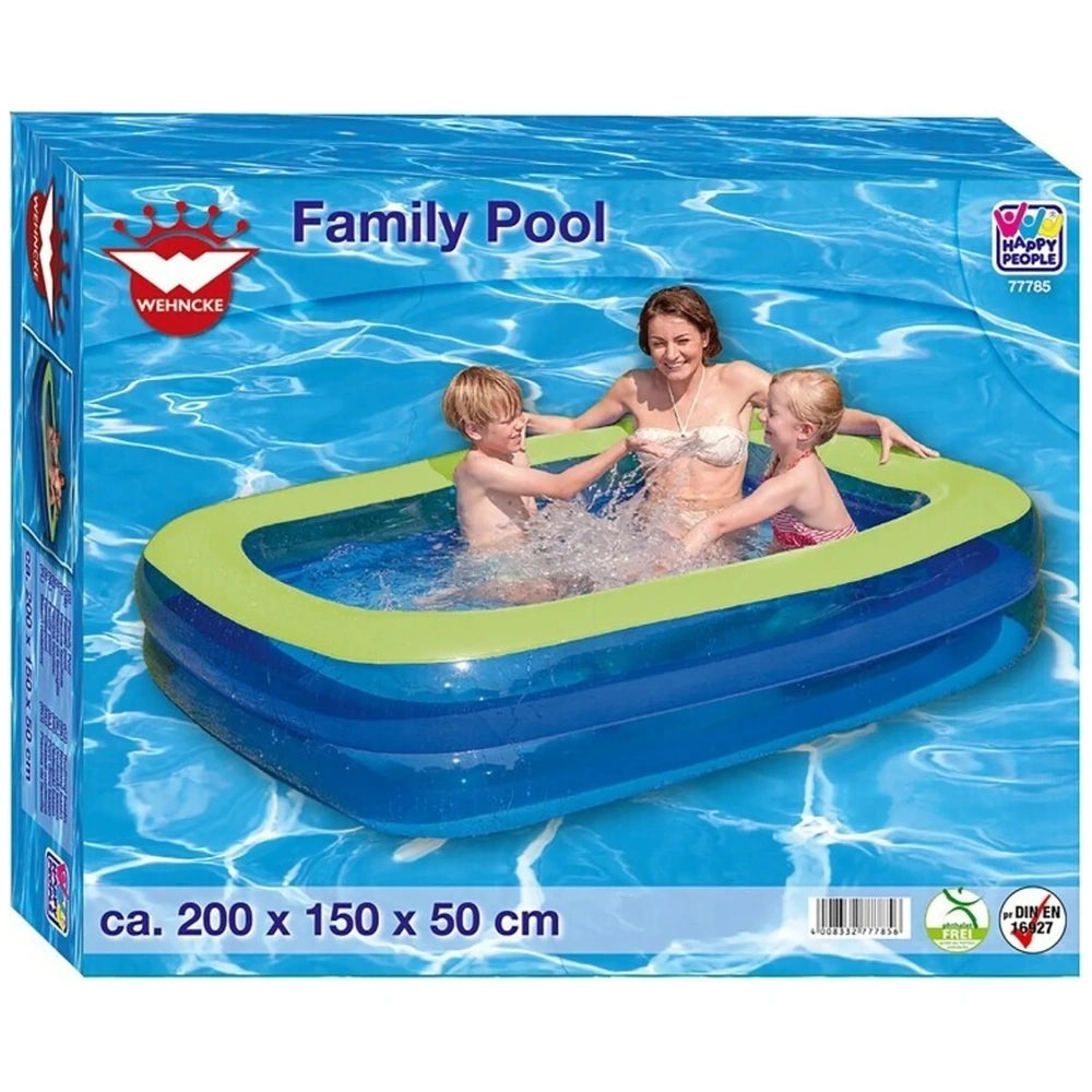 Blue inflatable pool with green rim, featuring a woman and two children enjoying the summer. Dimensions 200 x 150 x 50 cm.