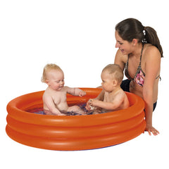 Happy People pool with orange inflatable ring, woman in bikini, and two babies enjoying the water together.