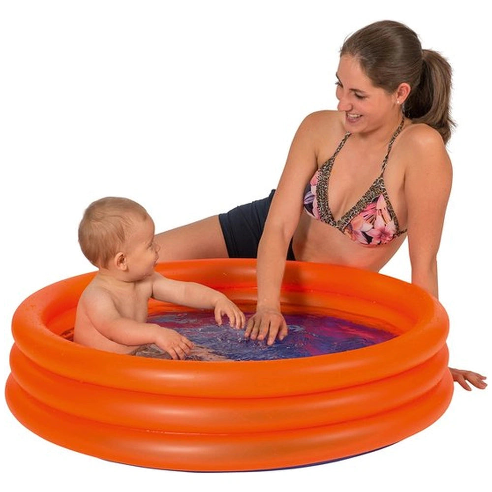 Happy People pool with three rings for kids, featuring a woman in a floral bikini and a baby in an orange pool.