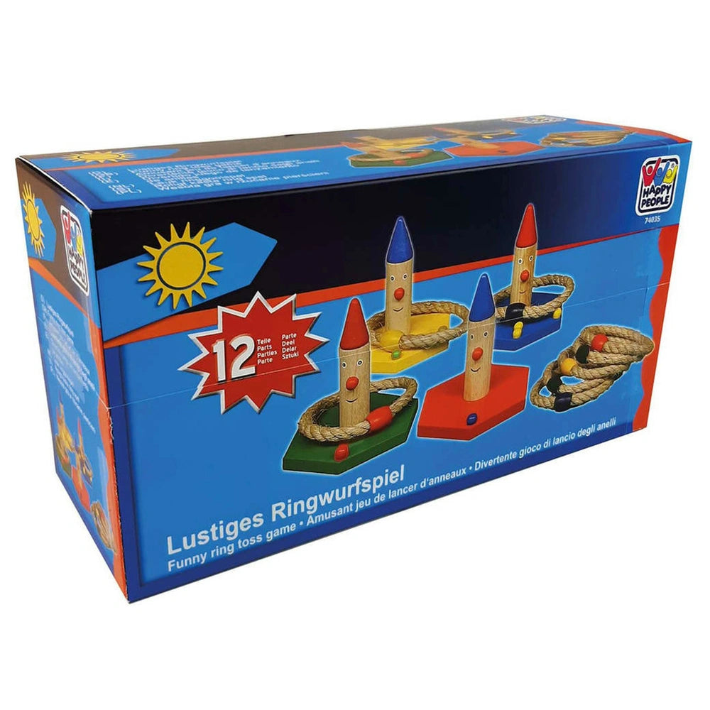 Happy People ring toss game packaging features a blue glossy cardboard with red and yellow text, showcasing colorful wooden p