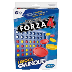 Forza 4 Travel board game in Italian edition, featuring a blue box with red and yellow circles, plastic pieces, and clear win