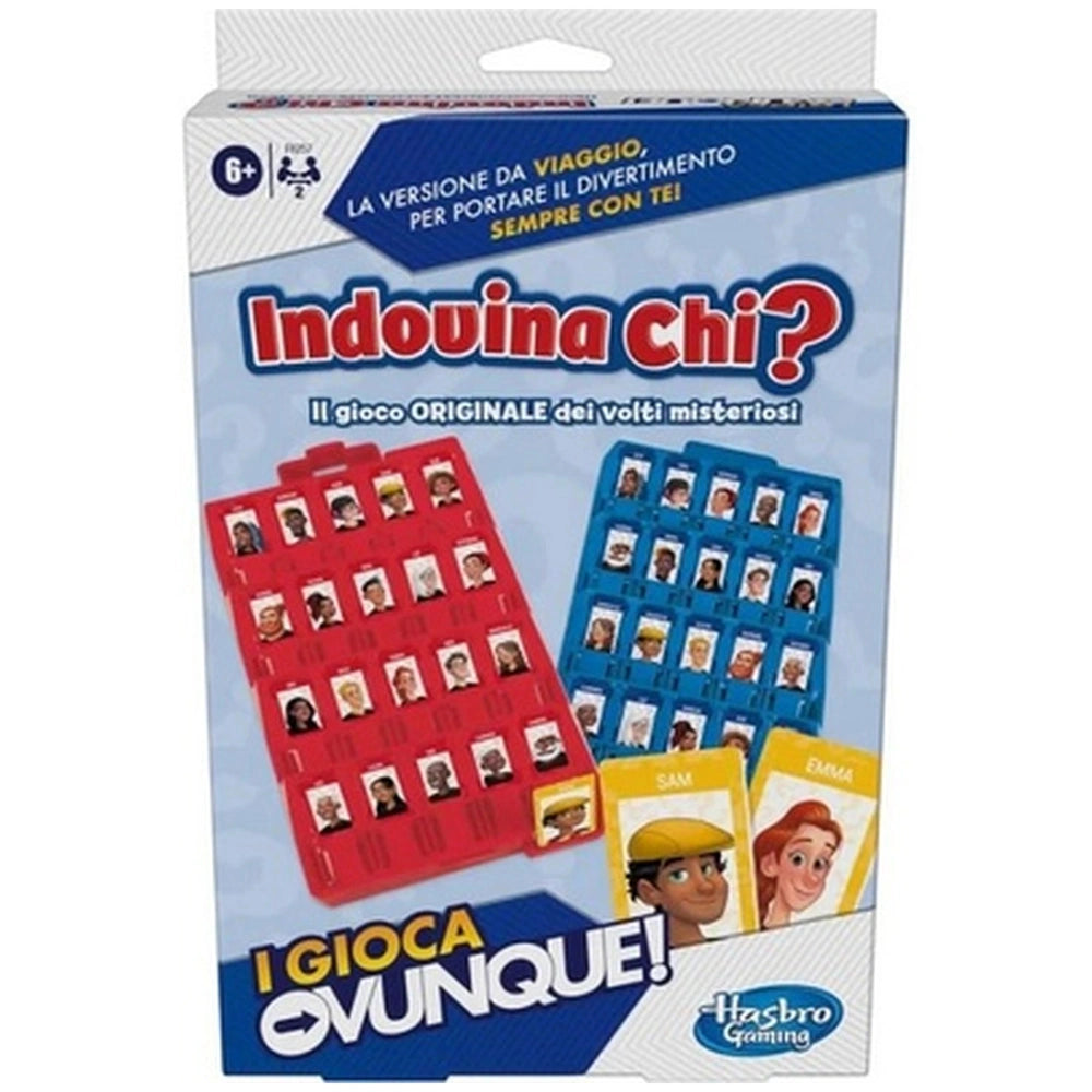 HASBRO Indovina Chi Travel board game packaging features a glossy plastic window, red and blue character trays, and Italian t