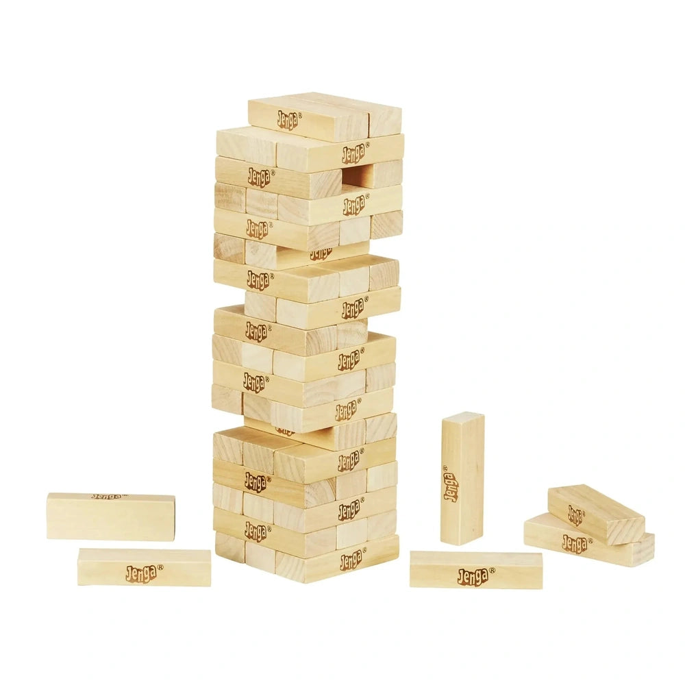 Jenga Family Game featuring a stack of brown wooden blocks in a centered front view presentation.